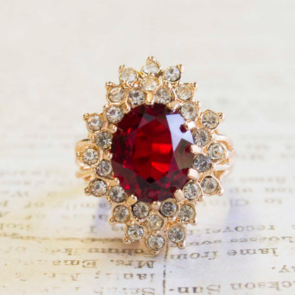 Vintage Ruby and Clear Austrian Crystal Cocktail Ring - 18k Yellow Gold Electroplated - July Birthstone jewelry image 1