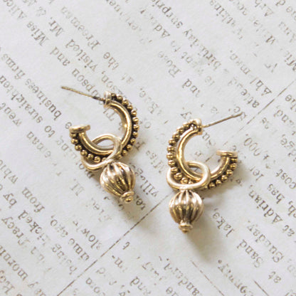 Vintage Oscar De La Renta Antiqued Gold Tone Textured Hoops with Removable Dangling Charms Earrings