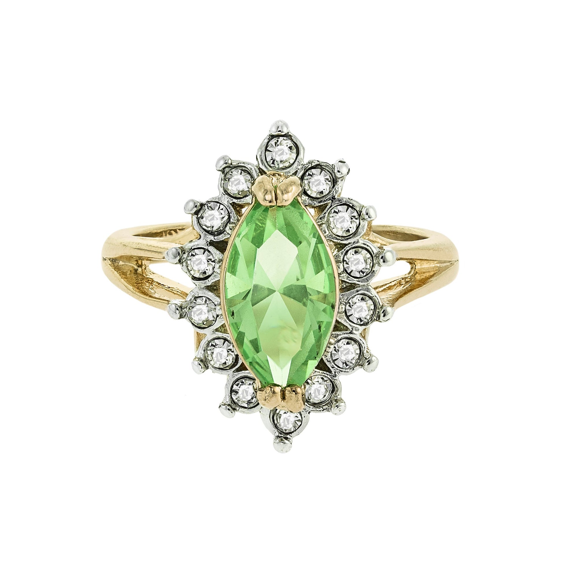 Vintage 1980s Peridot and Clear Austrian Crystal Ring - 18k Yellow Gold Electroplated - August Birthstone - Made in USA jewelry image 1