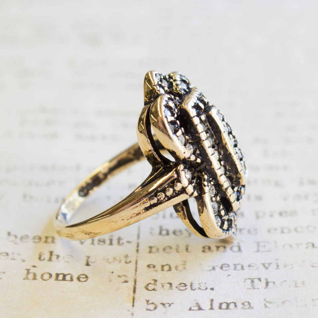 Vintage Antiqued 18k Yellow Gold Electroplated Ring with Clear Austrian Crystals Made in USA
