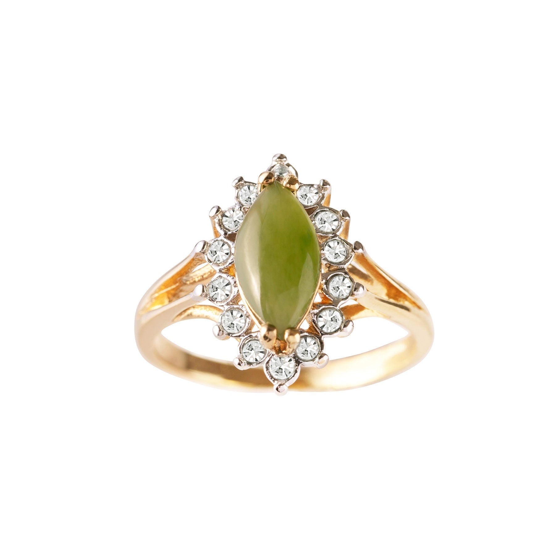 Vintage 1980s Genuine Jade and Clear Austrian Crystal Ring - 18k Yellow Gold Electroplated - Made in USA jewelry image 1