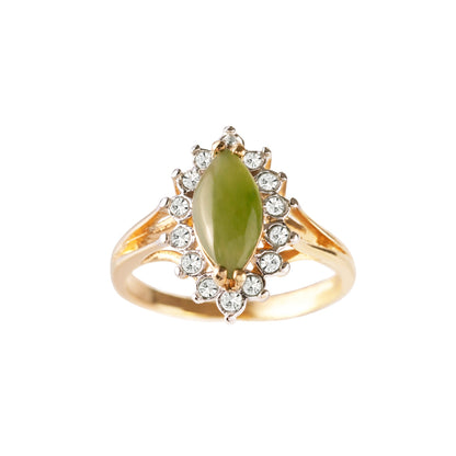 Vintage 1980s Genuine Jade and Clear Austrian Crystal Ring - 18k Yellow Gold Electroplated - Made in USA jewelry image 1