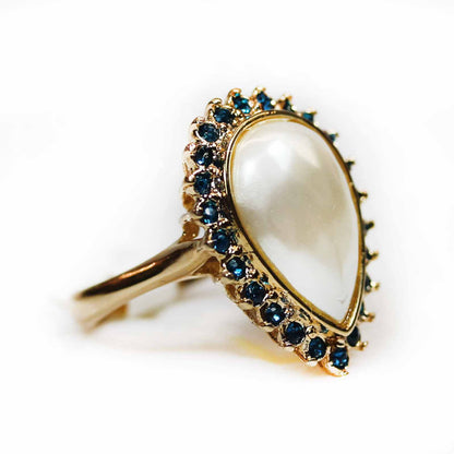 Vintage 1970s Pear Shape Faux Pearl Ring with Blue Austrian Crystals - 18k Gold Electroplated jewelry image 1