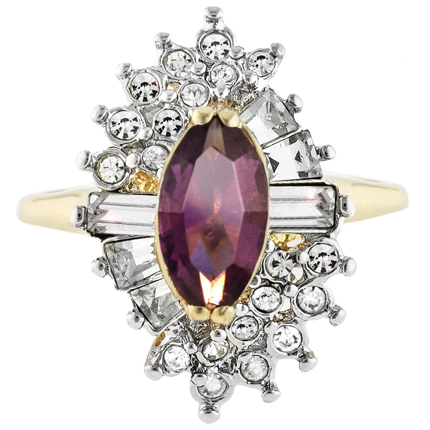 Vintage 1970s Amethyst and Clear Austrian Crystal Cocktail Ring - 18k Yellow Gold Electroplate jewelry image 1