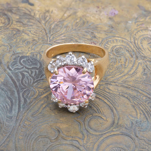 Vintage Ring Pink Tourmaline and Clear Crystal Cocktail Ring in 18kt Antique Womans Jewlery - Never Worn - Limited Stock Size: 7