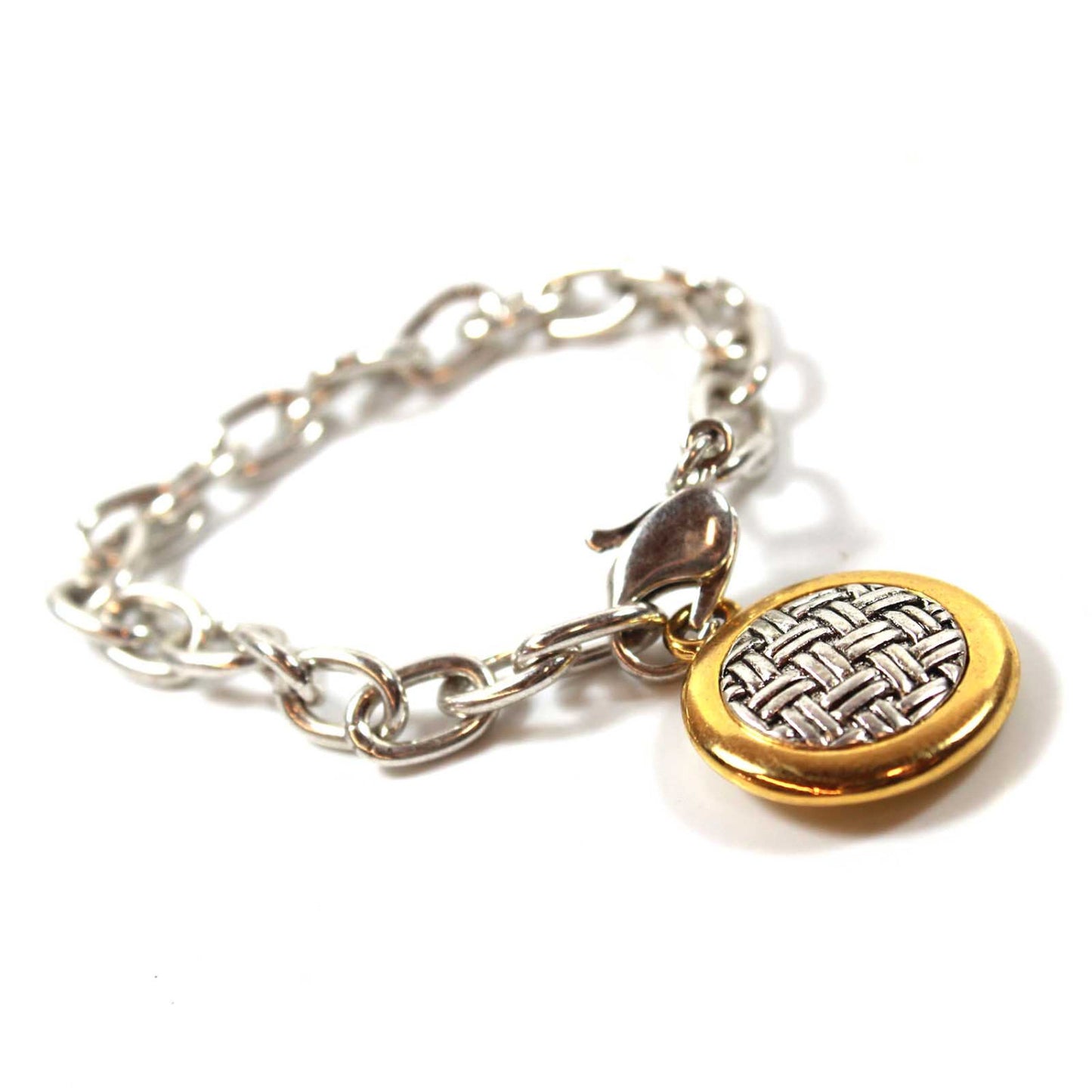 Vintage Signed Oscar De La Renta Silver Tone 7 Inch Chain Bracelet with Two Tone Round Weave Patterned Pendant