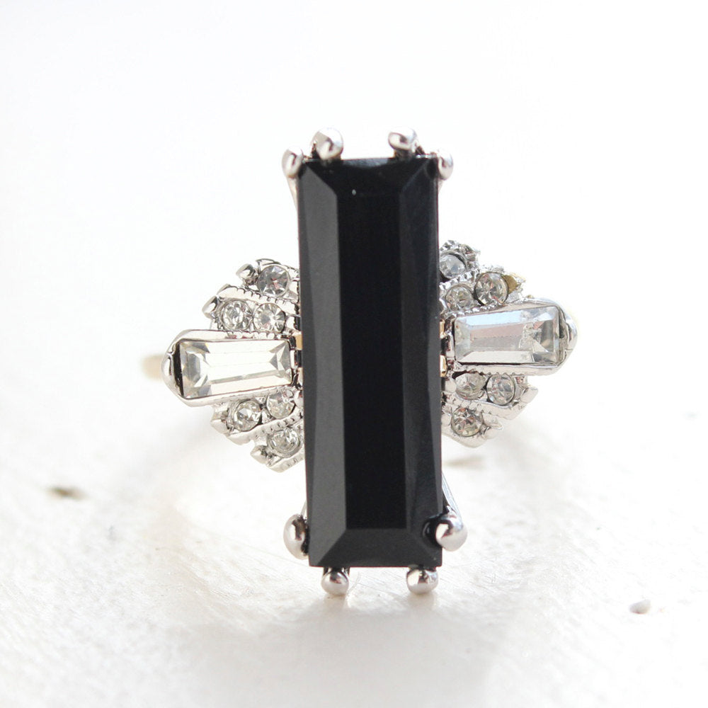 Vintage Ring Jet Black and Clear Swarovski Crystals Antique 18k Gold Womans Jewelry Handmade Ring#R1744 Size: 5