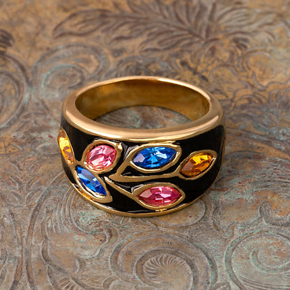Vintage 1980's Black Enamel Ring with Clear Austrian Crystals Leaf Motif 18k Gold Plated