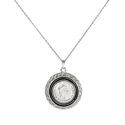 Vintage Queen Elizabeth II 100 Pound Coin Money Pendant Necklace Antique 18k White Gold Silver N785-W
