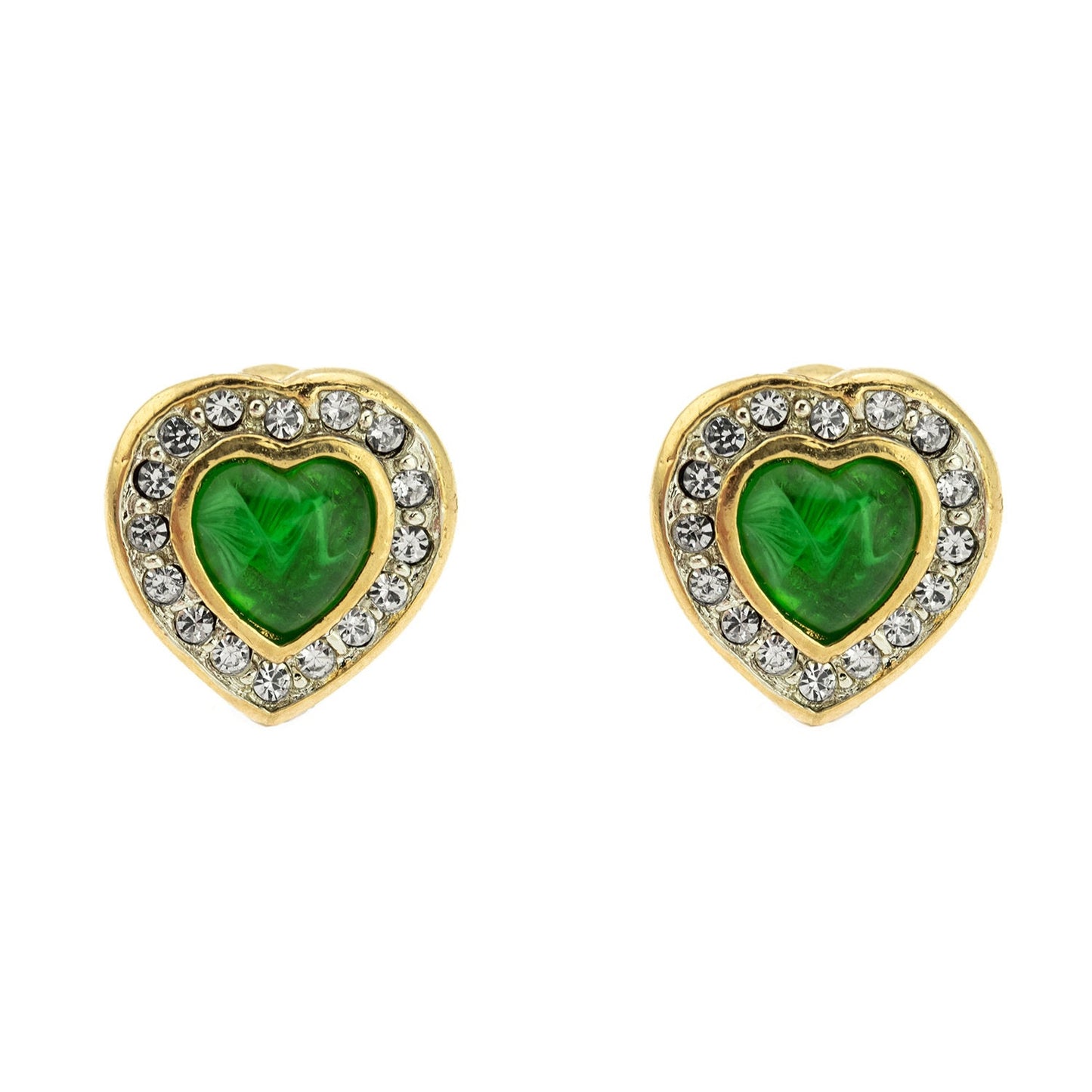 Vintage Emerald Green Cabochon Heart and Clear Crystal Post Earrings – 18k Yellow Gold Electroplated, Made in USA jewelry image 1
