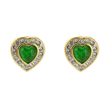 Vintage Emerald Green Cabochon Heart and Clear Crystal Post Earrings – 18k Yellow Gold Electroplated, Made in USA jewelry image 1