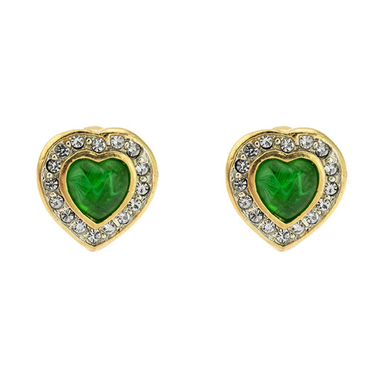 Vintage Emerald Green Cabochon Heart and Clear Crystal Post Earrings – 18k Yellow Gold Electroplated, Made in USA jewelry image 1