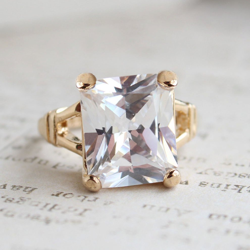 Vintage 1980s Emerald Cut Green Crystal Cocktail Ring - 18k Gold Electroplated - Made in USA jewelry image 1