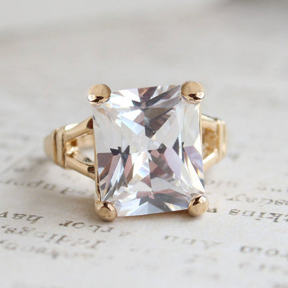 Vintage 1980s Emerald Cut Green Crystal Cocktail Ring - 18k Gold Electroplated - Made in USA jewelry image 1