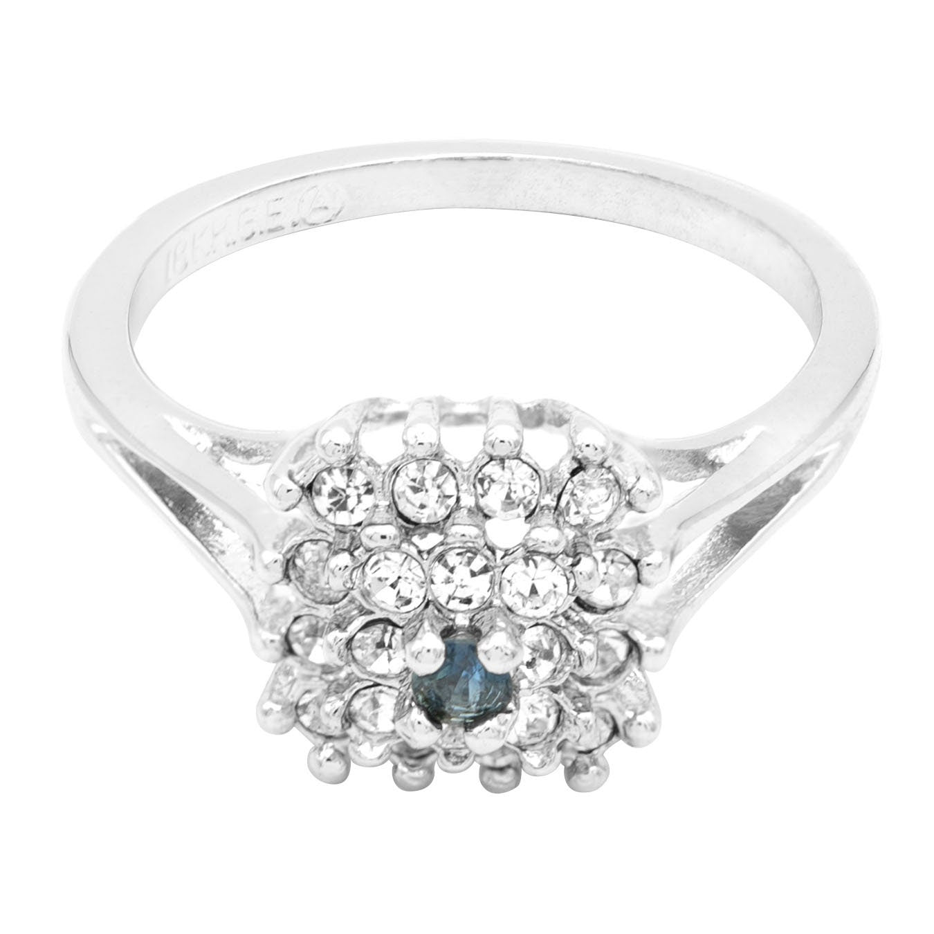 Vintage Clear Austrian Crystal Burst Ring 18kt White Gold Electroplated Made in USA