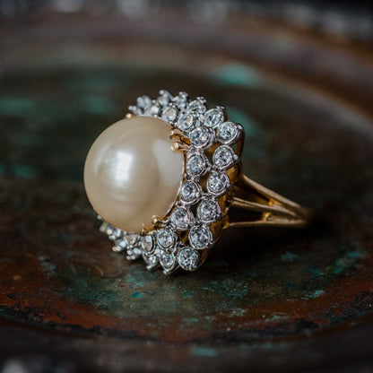 Vintage Pearl Bead and Clear Austrian Crystal Cocktail Ring - 18k Yellow Gold Electroplated jewelry image 1