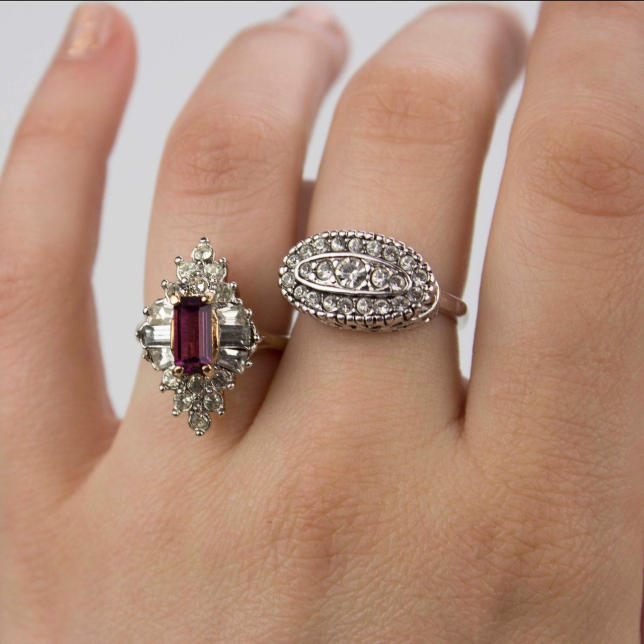 Vintage Jewelry Ruby or Clear Cubic Zirconia Cocktail Ring 18k Yellow Gold Electroplated  Made in the USA