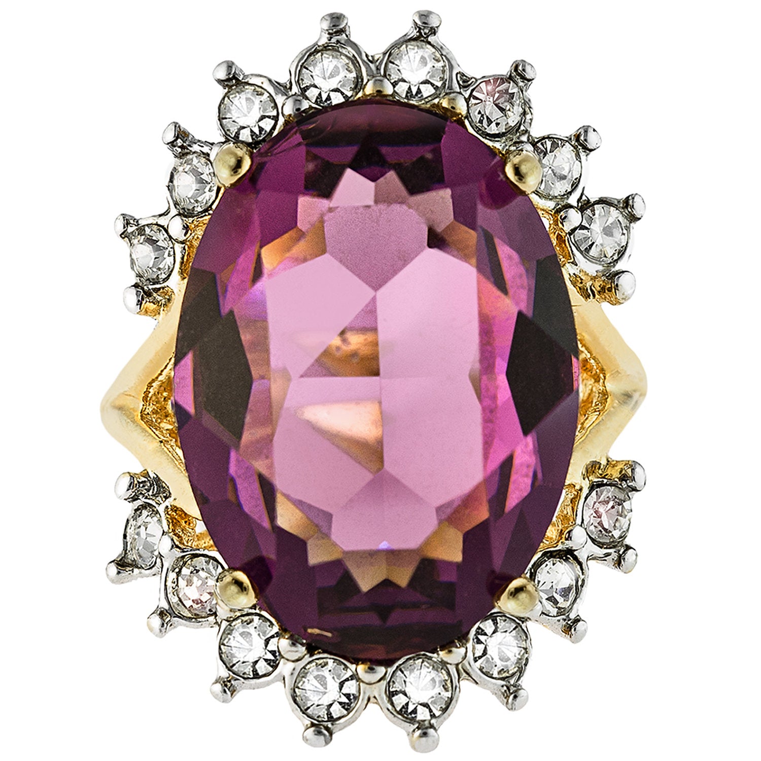 Vintage Amethyst and Clear Austrian Crystal Cocktail Ring - 18k Yellow Gold Electroplated - Made in USA jewelry image 1