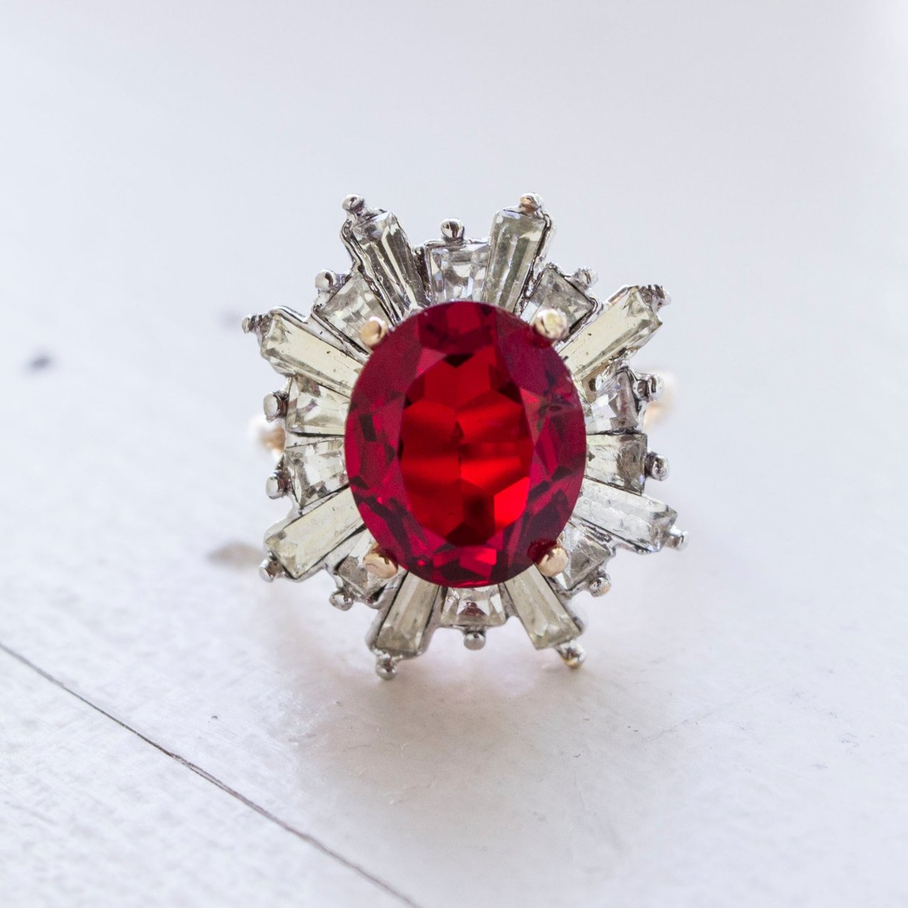 Vintage Austrian Crystal 18k Yellow Gold Electroplated Womens Antique Cocktail Ring Made in USA