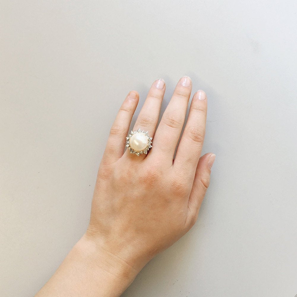Vintage Ring 1970s Pearl Bead and Swarovski Crystal Ring 18k Gold  #R1782