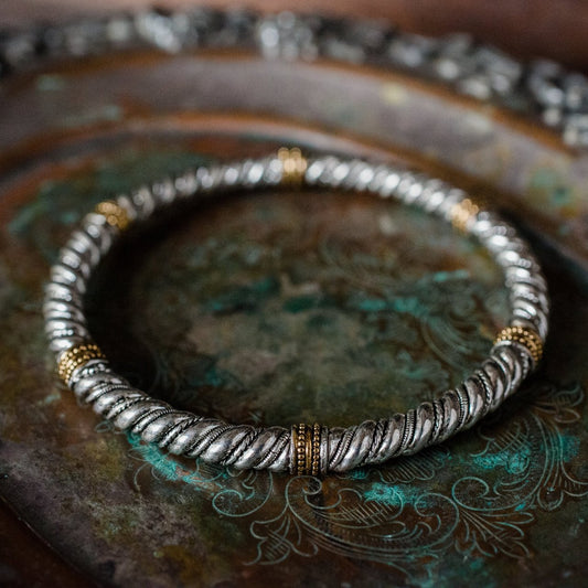 Vintage Bracelet Oscar De La Renta Textured Antique Silver with Gold Tone Accents Bangle