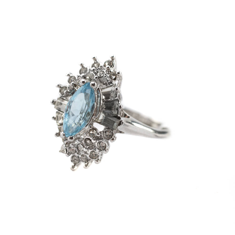 Vintage 1970's Austrian Crystals 18k White Gold Electroplated Ring Made in USA