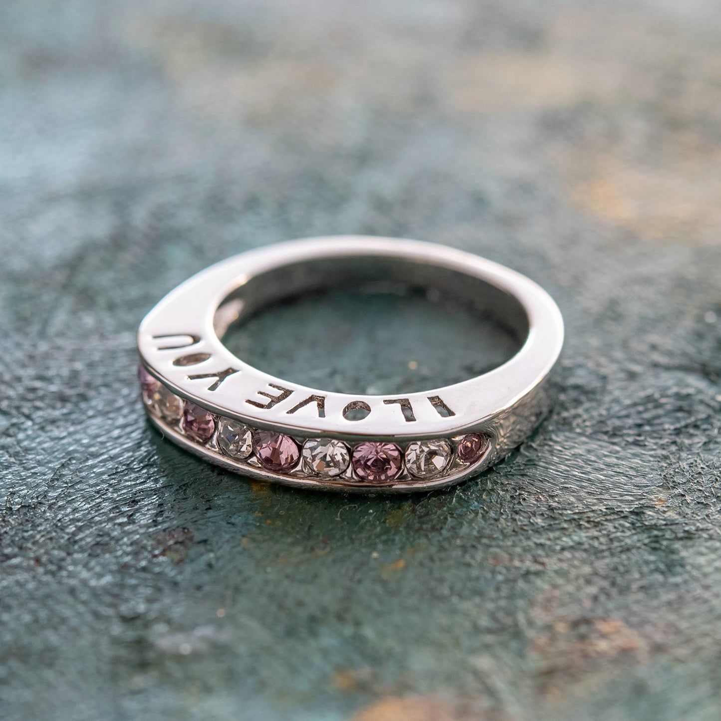 Vintage Ring 1980s I Love You Band Ring Amethyst and Clear Swarovski Crystals Imported #R4577-AW Size: 7
