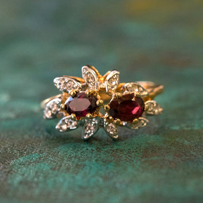 Vintage Ring Genuine Garnet and Clear Swarovski Crystals 18kt Gold Plated Band January Birthstone R1717 Size: 9