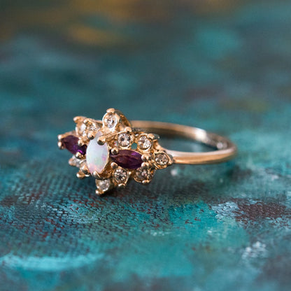 Vintage Ring Genuine Stone or Austrian Crystal Cluster 18k Yellow or White Gold Electroplated Made in USA