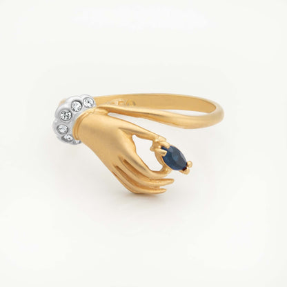 Hazel Sapphire and Austrian Crystal Hand Ring - 18k Gold Electroplated Matte Finish jewelry image 1