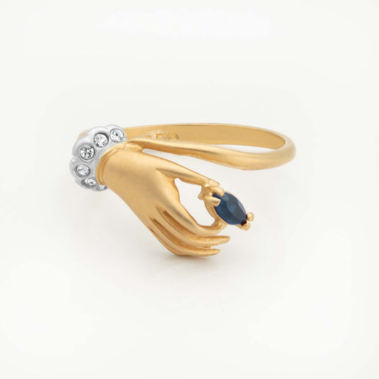Hazel Sapphire and Austrian Crystal Hand Ring - 18k Gold Electroplated Matte Finish jewelry image 1