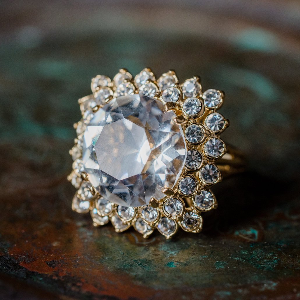 Vintage Austrian Crystal Women's Statement Cocktail Ring 18k Yellow Gold Electroplated Made in the USA