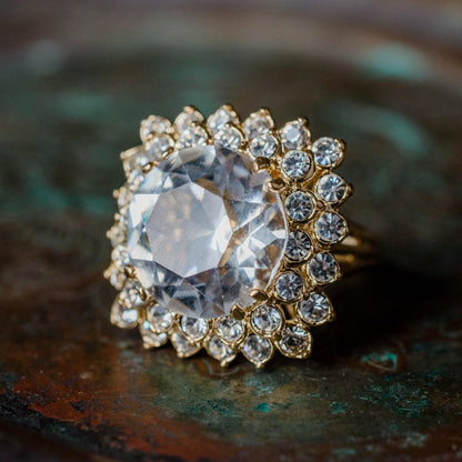 Vintage Austrian Crystal Women's Statement Cocktail Ring 18k Yellow Gold Electroplated Made in the USA