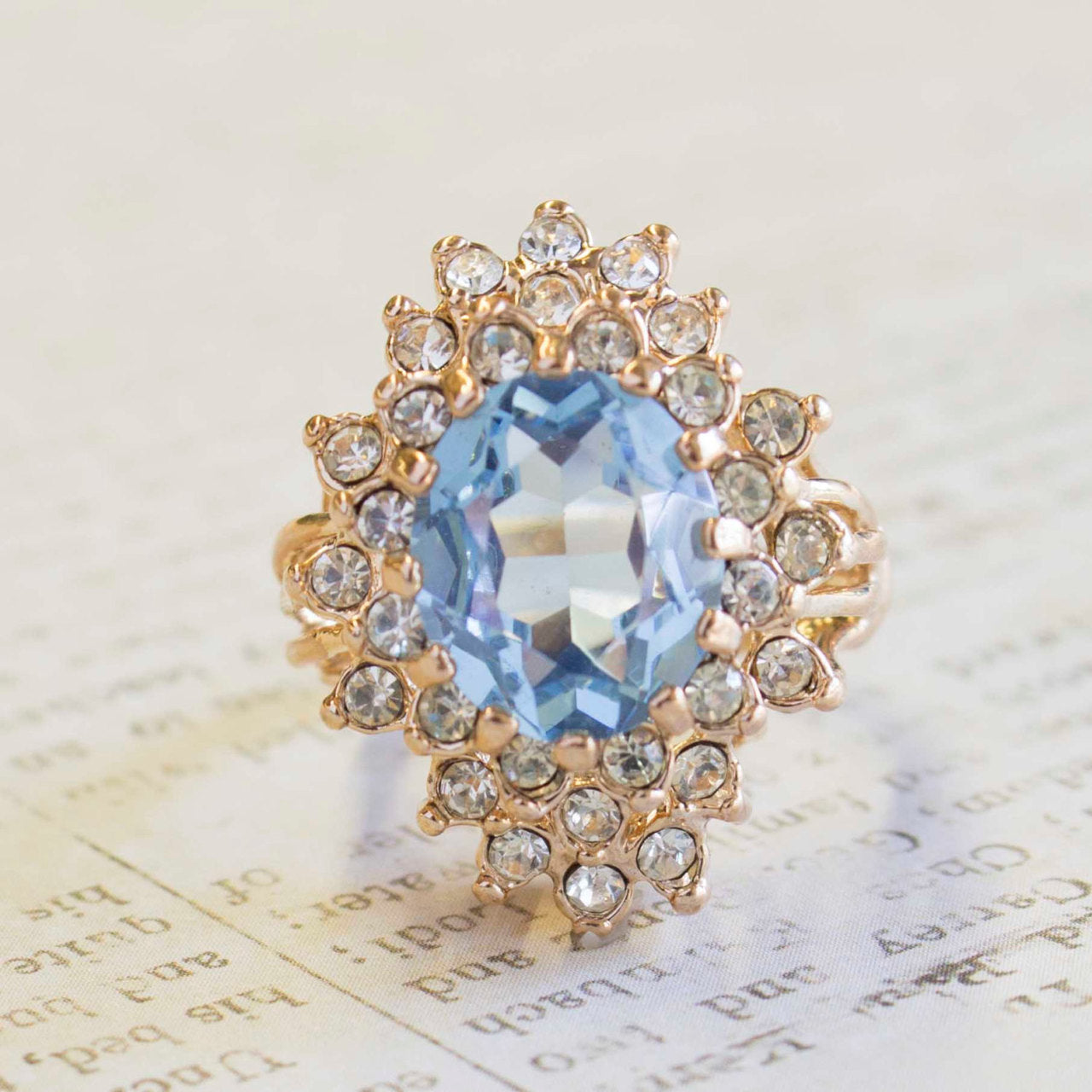 Vintage Aquamarine and Clear Austrian Crystal Cocktail Ring - 18k Gold Electroplated - Made in USA jewelry image 1