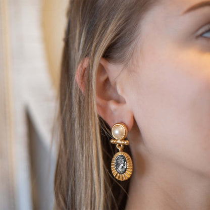Elizabeth Vintage Gold Antique Pearl and Black Coin Cameo Dangle Earrings