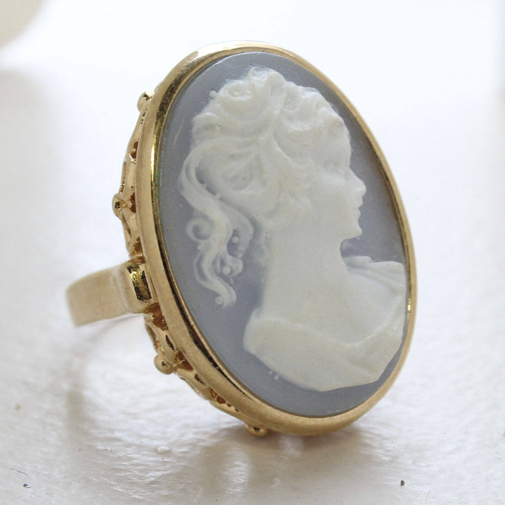 Vintage 1970s Blue Cameo Ring - 18k Yellow Gold Electroplated - Made in USA jewelry image 1