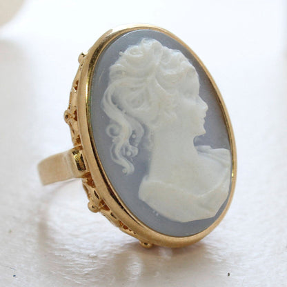 Vintage 1970s Blue Cameo Ring - 18k Yellow Gold Electroplated - Made in USA jewelry image 1
