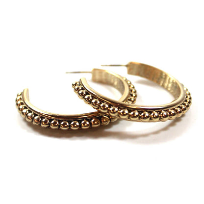 Vintage Signed Oscar De La Renta Large Antiqued Gold Tone Ball Textured Hoops Earrings