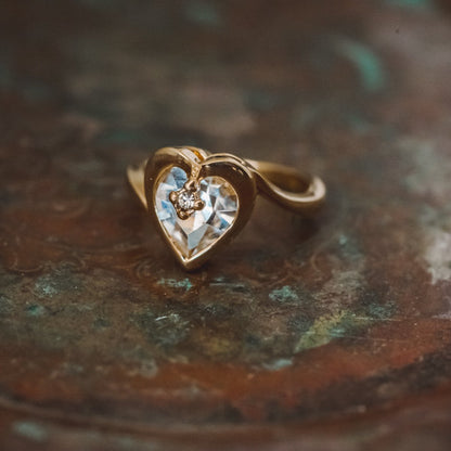 Vintage 1970s Heart Shape Ring with Clear Austrian Crystal 18k Yellow Gold Electroplated
