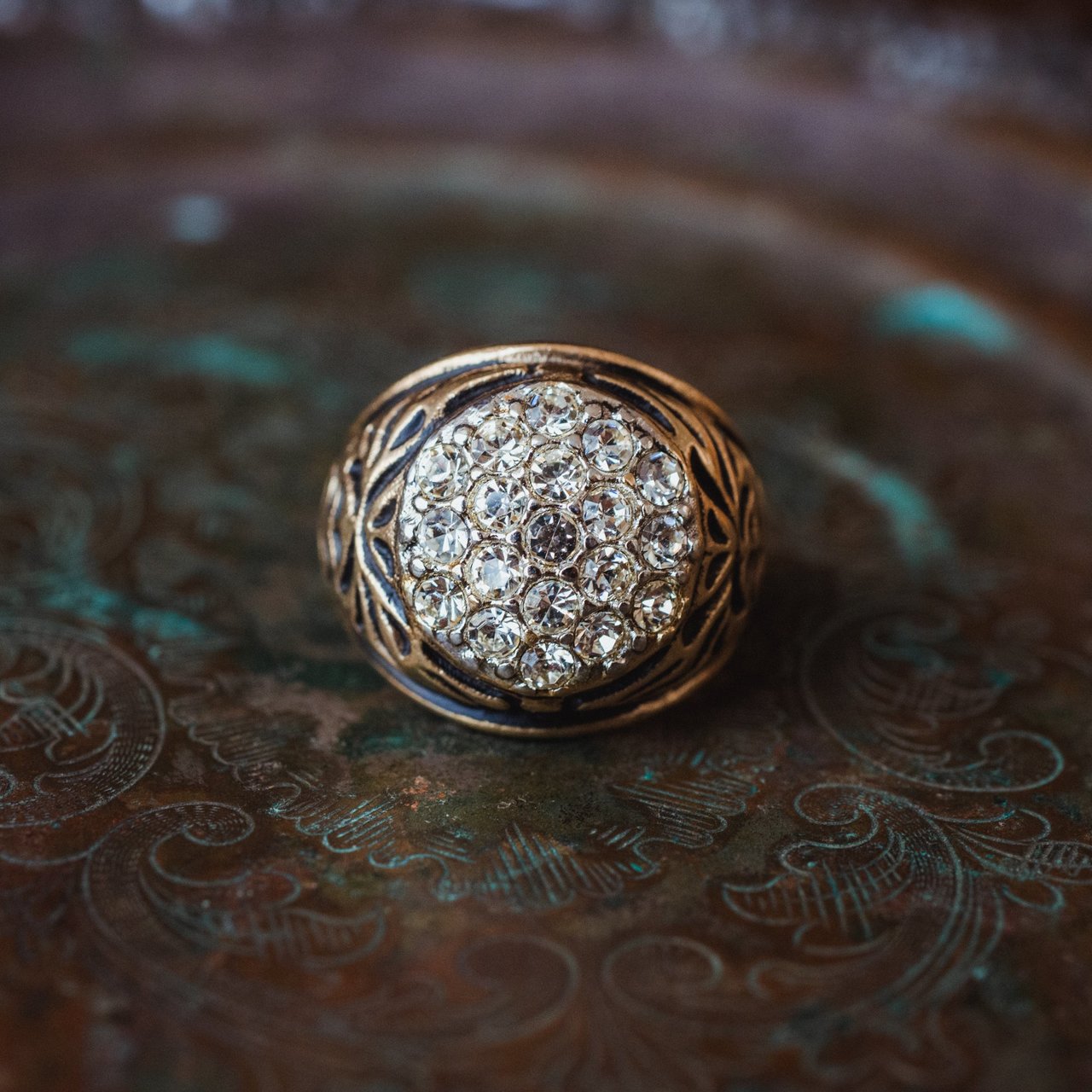 Vintage 1980s Antiqued 18K Yellow Gold Electroplated Ring with Clear Austrian Crystals jewelry image 1