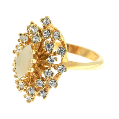 Vintage Ring Genuine Opal with Clear and Ruby Austrian Crystals 18kt Yellow Gold Electroplated