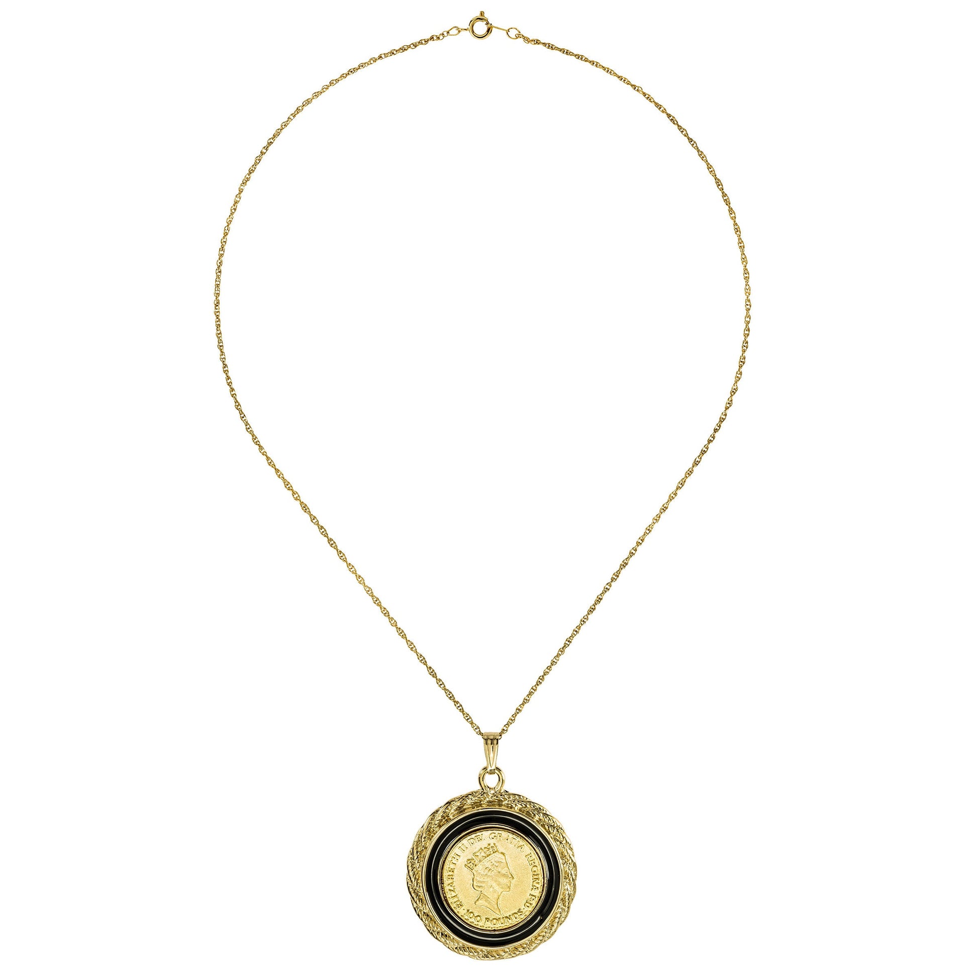 Queen Elizabeth II 100 Pound Coin Pendant Necklace - 18K Yellow Gold Electroplated with Black Accent Ring jewelry image 1