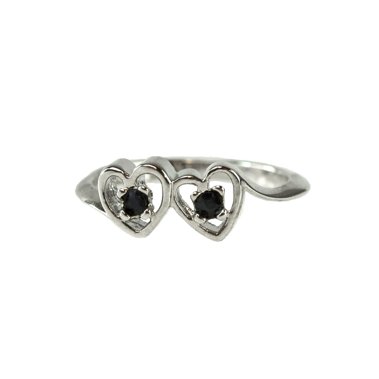 Vintage 1980s double heart ring with two round genuine sapphires in 18K white gold electroplated setting