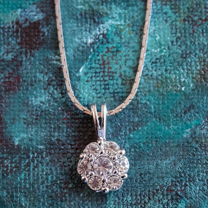 Vintage Flower Pendant Clear Austrian Crystals 18k White Gold Electroplated