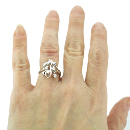 Vintage Ring 1970's Heart Cluster Ring 18k White Gold Silver  R1047-W Size: 8