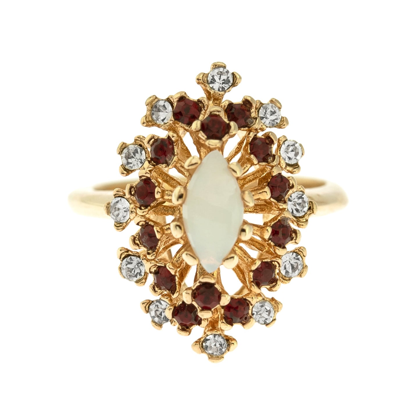 Vintage Genuine Opal Ring with Clear and Ruby Red Austrian Crystals – 18kt Yellow Gold Electroplated jewelry image 1