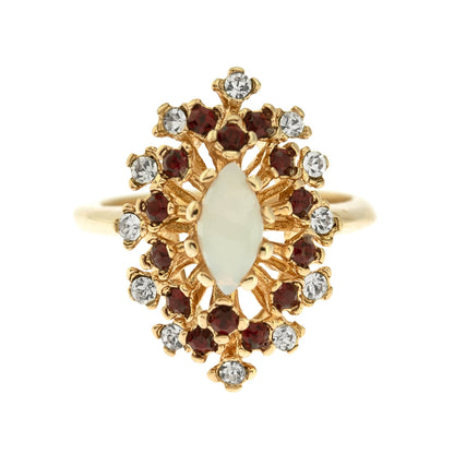 Vintage Genuine Opal Ring with Clear and Ruby Red Austrian Crystals – 18kt Yellow Gold Electroplated jewelry image 1