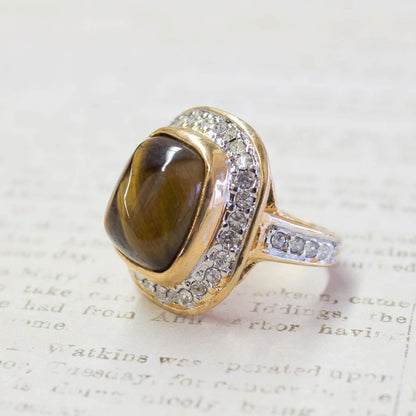 Vintage Ring Genuine Tiger Eye Swarovski Crystals 18k Gold Cocktail Ring #R1974 Size: 10