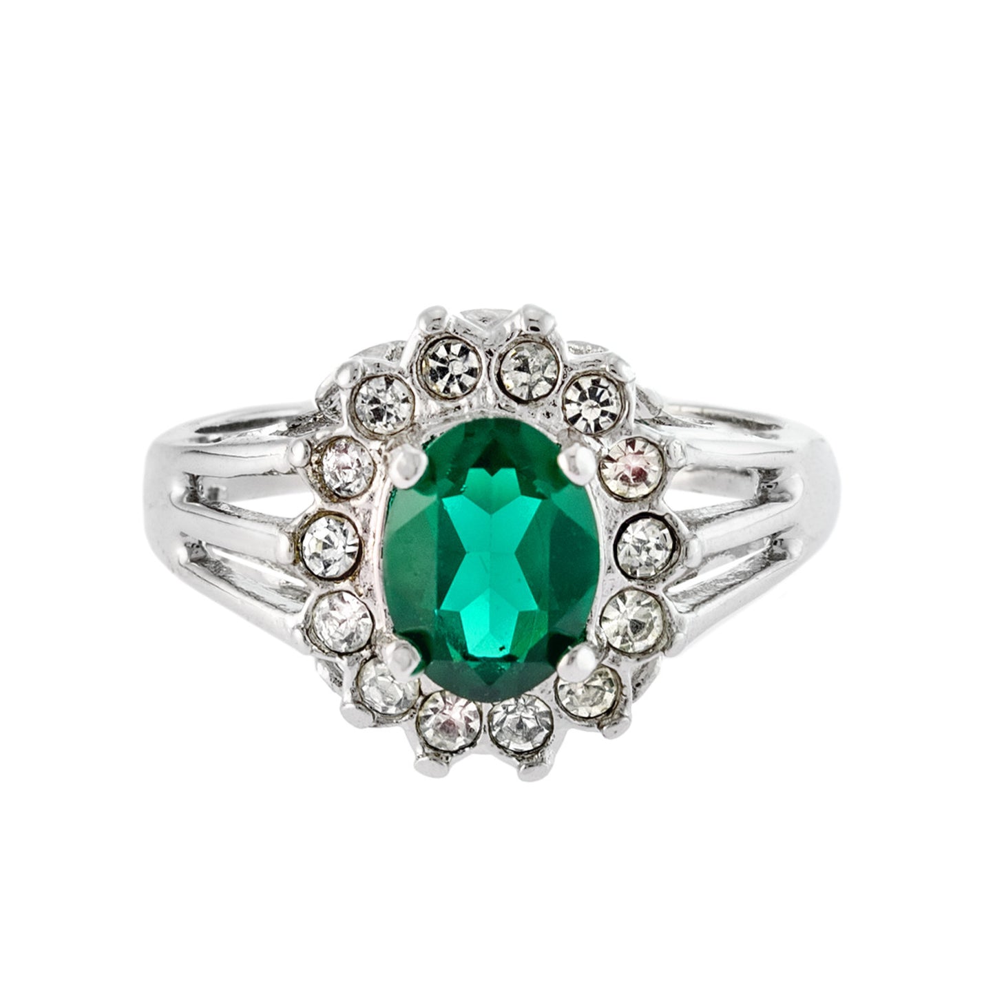 Vintage Emerald and Clear Austrian Crystal Ring - 18k White Gold Electroplated - Made in USA jewelry image 1