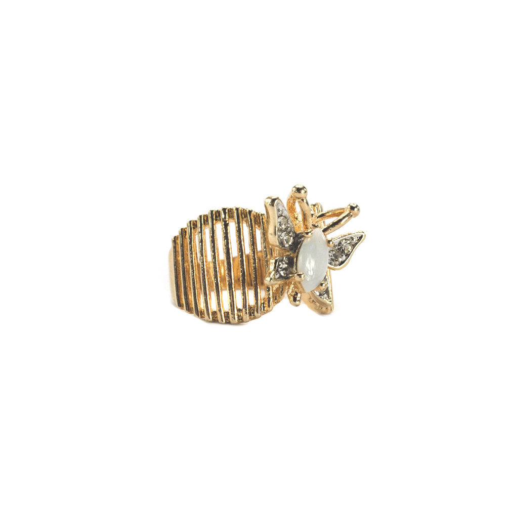 Vintage Butterfly Ring Genuine Coral and Clear Austrian Crystals 18kt Yellow Gold Electroplated